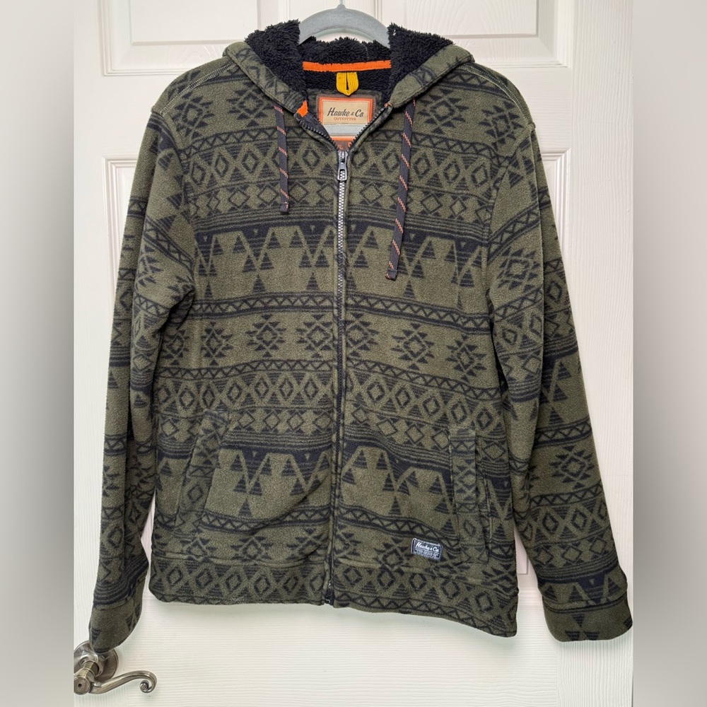 Hawke & Co Men's Aztec Print Olive and Black Zip-Up Sweater